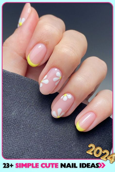 Cute yellow flower French tip nails. Glossy finish on medium-length almond-shaped nails. Features yellow French tips and white daisy accents. Ideal for spring, summer, or cheerful occasions. Simple cute nails for a fresh, playful look. Yellow Design Nails, Simple Cute Nail Ideas, Flower French Tip Nails, Yellow Flower Nails, Flower French Nails, Simple Cute Nails, Yellow French Tips, Flower French Tip, Cute Nail Ideas