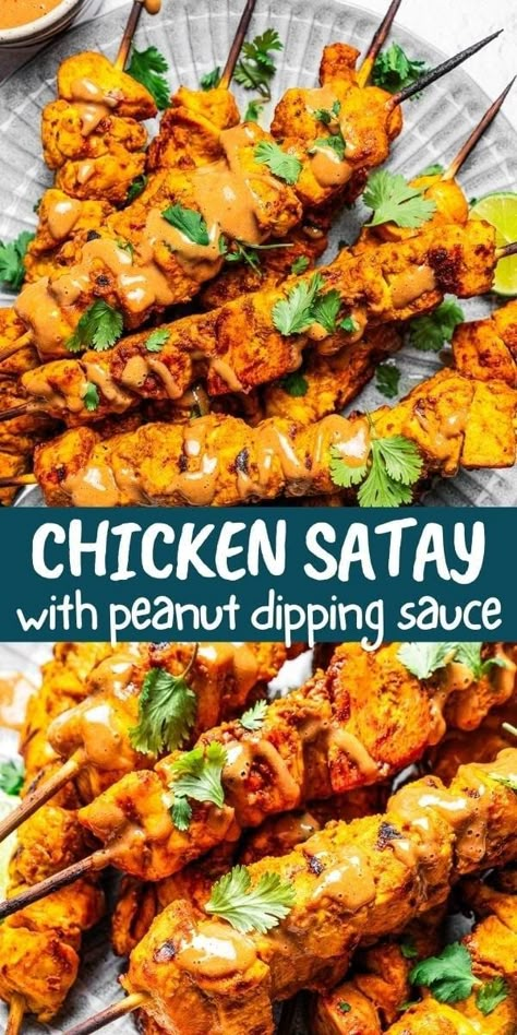 Satisfy your Asian street food craving with this easy Chicken Satay. Bite-sized pieces of succulent marinated chicken are threaded onto skewers, lightly grilled, and served with a fantastic peanut dipping sauce. Chicken Satay Marinade, Easy Chicken Satay, Diethood Recipes, Chicken Satay Skewers, Chicken Satay Recipe, Satay Recipe, Peanut Dipping Sauce, Grilled Chicken Skewers, Peanut Dipping Sauces