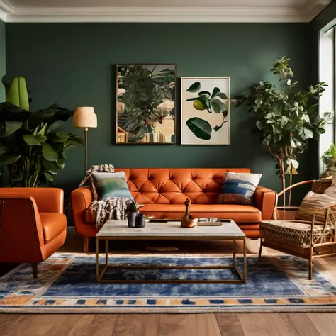 Sage Living Room, Burnt Orange Living Room, 70s Living Room, Dark Green Living Room, Orange Sofa, Future Office, Big Room, Green Living Room, Living Room Orange