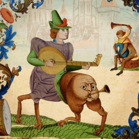 Why So Many Medieval Manuscripts Depict Butt Trumpets? Medieval Creatures, Medieval Art Illustration, Midevil Paintings Funny, Weird Medieval Guys, Medieval Art Animals, Silly Medieval Art, Medieval Creatures Illustrations, Weird Artwork, Weird Medieval Art