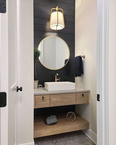 Half Bathroom Decor Ideas, Powder Room Modern, Powder Bathroom Ideas, Farmhouse Build, Small Half Bathroom, Modern Powder Room, Powder Room Remodel, Half Bathroom Decor, Powder Bathroom