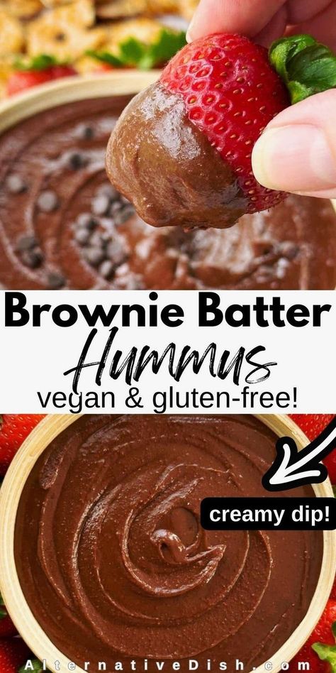 The BEST Brownie Batter Hummus has the creamy, flavorful qualities of traditional hummus and transforms it into a chocolaty treat. This vegan and gluten-free recipe is quick and easy to make for a sweet snack or dessert. Learn how to make brownie batter hummus and get more easy vegan recipes at AlternativeDish.com. Brownie Batter Hummus Recipe, Brownie Hummus Recipe, Brownie Batter Chia Pudding, Chocolate Hummus Recipes, Brownie Hummus, Healthy Brownie Batter, Dessert Hummus Recipe, Brownie Batter Hummus, Traditional Hummus