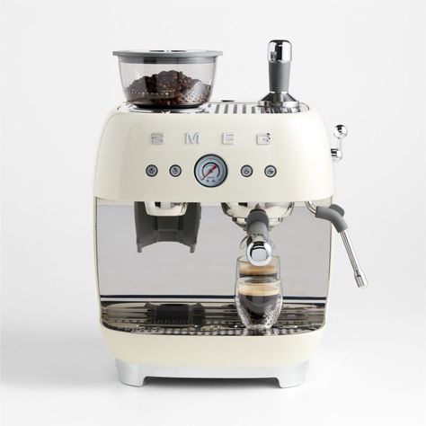 SMEG Cream Semi-Automatic Coffee and Espresso Machine with Milk Frother + Reviews | Crate & Barrel Smeg Coffee Maker, Smeg Espresso Machine, Retro Refrigerators, Smeg Cream, House Appliances, Retro Kitchen Appliances, Stainless Steel Coffee Maker, Smeg Kitchen, Boston Apartment