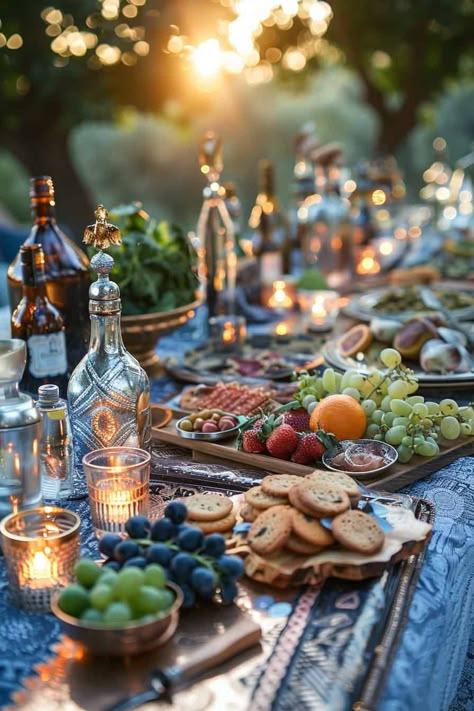 Rustic Harvest Table, Italian Long Lunch Table Setting, Summer Solstice Dinner Party, Italian Dinner Table Setting Ideas, Boho Picnic Ideas, Bollywood Birthday, Rustic Picnic, Boho Table Setting, Olive Harvest