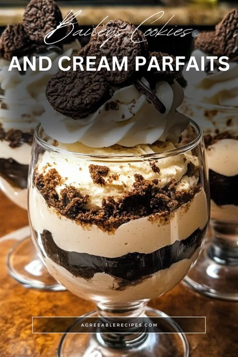 Indulge in these decadent Baileys Cookies and Cream Parfaits, layered with rich chocolate cream, boozy Baileys, and Oreo crumbles. Perfect for a grown-up dessert night! Baileys Cookies And Cream Parfait, Boozy Trifle, Dessert With Baileys, Baileys Trifle Desserts, Baileys Pudding Desserts, Chocolate Pudding Parfait, Alcoholic Desserts Easy, Recipes With Baileys S’mores, Baileys Smores Recipes Drinks