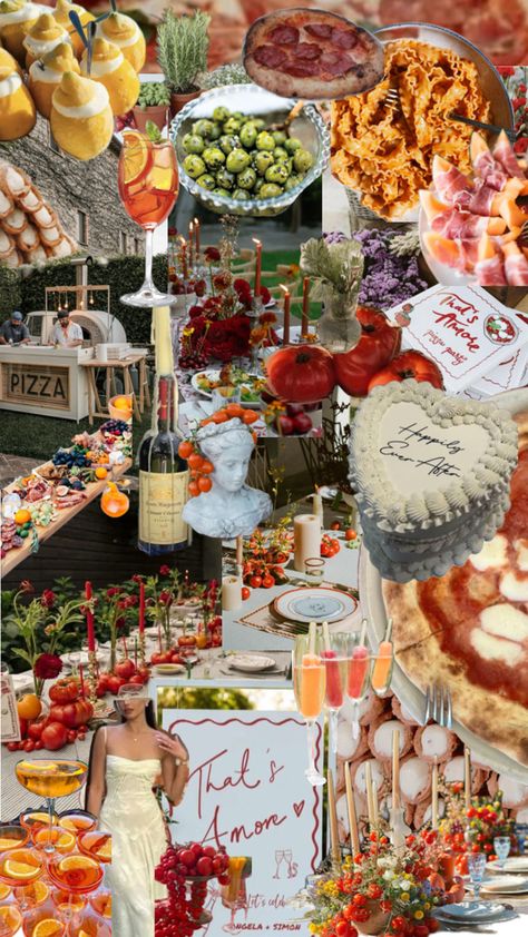 Italian Engagement Party, Pizza Party Rehearsal Dinner, Tomato Party, Italian Engagement, Love At First Spritz, Manifestation Mood Board, Italian Bridal Showers, Secret Engagement, Valentine Dinner Party