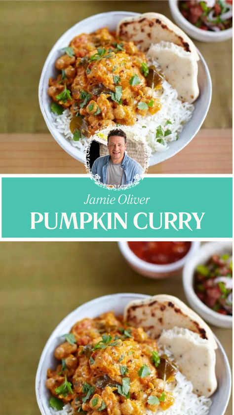 Jamie Oliver Pumpkin Curry Pumpkin Chickpea Curry, Pumpkin Curry Indian, Pumpkin Curry Recipe, Curried Pumpkin, Chef Jamie Oliver, Pumpkin Curry, Culinary Techniques, Jamie Oliver Recipes, Food Meals