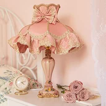 WISHVYQ European Style Pink Table Lamp Lace Bow Fabric Drum Shade and Antique Resin Base Decor Classic Bedside Desk Nightstand Lamp for Girl's Bedroom Living Room Princess Table, Night Stand Lamp, Bedside Desk, Pink Table Lamp, Estilo Shabby Chic, Court Dresses, Caving, Pink Table, Nightstand Lamp