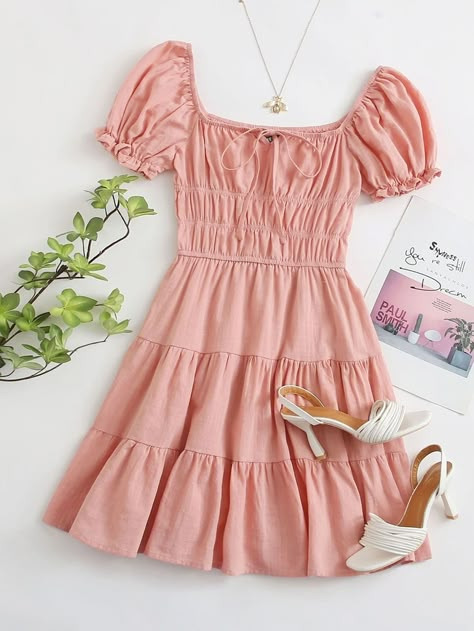 Tie Neck Ruched Bust Puff Sleeve Tiered Dress | SHEIN USA Girls Fashion Clothes, Teenage Fashion Outfits, Girly Outfits, Teen Fashion Outfits, Tie Neck, Tiered Dress, Women Dresses, Cute Casual Outfits, Pretty Dresses