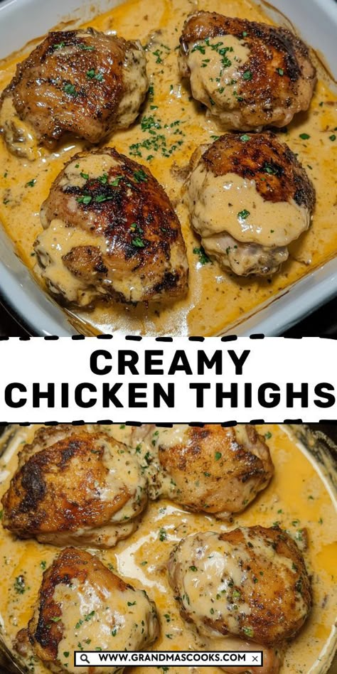 These Creamy Chicken Thighs are packed with flavor and tender juiciness. Simmered in a creamy sauce with herbs and garlic, they’re the perfect comfort food for cozy nights in. Serve with your favorite sides for an unforgettable meal! Baked Chicken Thighs Cozy Cook, One Skillet Chicken Thigh Recipes, Chicken Thigh 1 Pan, Chicken Thigh Supper Ideas, Chicken Thigh Recipes With Heavy Cream, Side Sauce For Chicken, Savory Chicken Thigh Recipes, Easy Chicken Thigh Meals, Chicken Thigh Dishes For Dinner