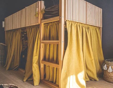 Ikea Bed Hacks, Ikea Hack Lit, Ikea Mydal, Bunk Bed Hacks, Bunk Bed Curtains, Bed Hacks, Kura Bed Hack, Ikea Bunk Bed, Ikea Loft Bed