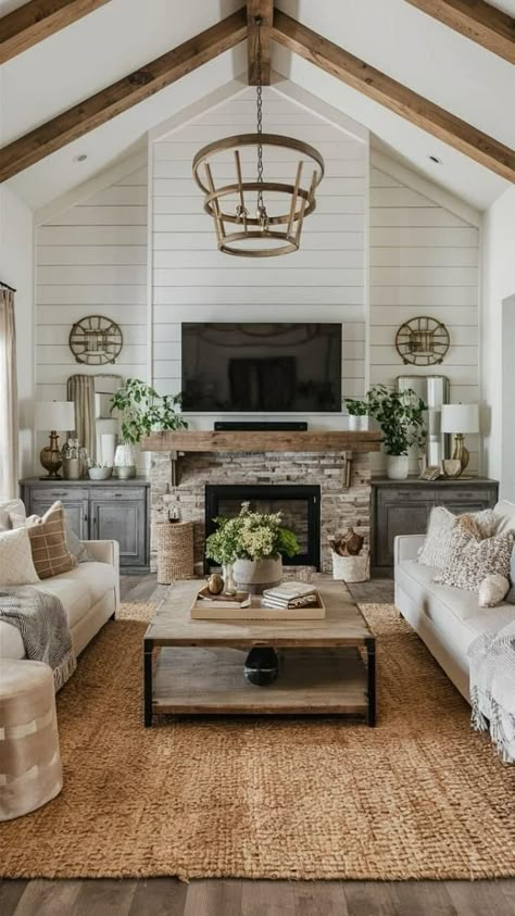 Farmstyle Modern Living Room, Boho Inspired Living Room Home Decor, Tall Fireplace Wall High Ceilings Farmhouse, European Farmhouse Fireplace Ideas, Lake House Living Room Ideas Cozy, Rustic Farmhouse Living Room With Fireplace, Rustic Interiors Living Room, Modern Organic Farmhouse Living Room, Country Chic Living Room Ideas