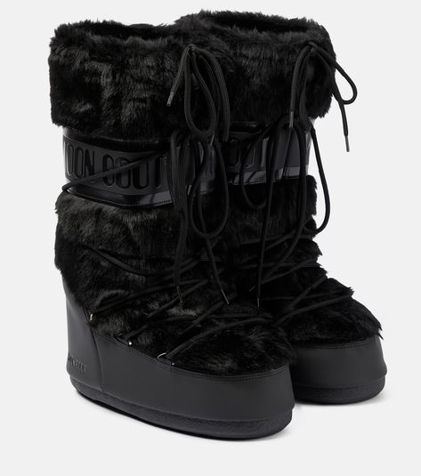 Icon faux fur-trimmed snow boots in black - Moon Boot | Mytheresa Clothing Aesthetics, Fluffy Boots, Moon Boot, Fur Shoes, Clothing Pieces, Made In Romania, Faux Fur Boots, Black Moon, Shoe Inspo