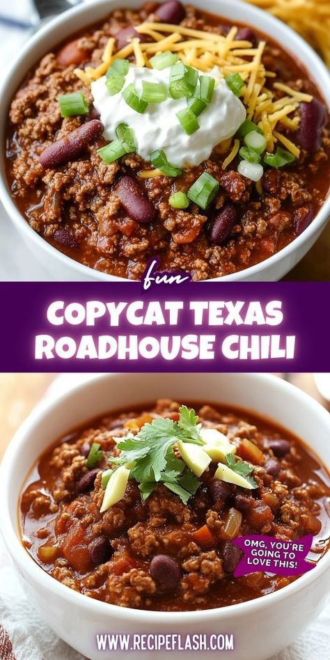 Are you craving the rich, smoky flavors of Texas Roadhouse chili? This Best Copycat Texas Roadhouse Chili Recipe lets you replicate that beloved taste right at home! Perfect for cozy dinners or game day gatherings, save this recipe for your next chili night and impress your friends and family! Easy Texas Chili Recipe, Best Texas Chili Recipe, Roadhouse Chili Recipe, Chili Recipe Taste Of Home, Texas Roadhouse Chili Recipe, Texas Roadhouse Recipes, Texas Chili Recipe, Copycat Texas Roadhouse, Bowl Of Chili