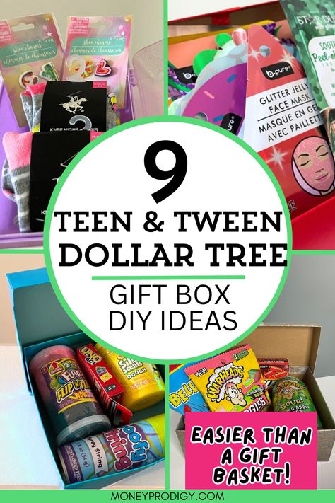 Dollar Tree teen gift box ideas - these are the new gift basket! Much easier to put together, SO cute, and really great themes that your teenager will LOVE to receive. Great for birthdays, Christmas, sleepover gift, summer Grandparents' house box of goodies, and more. Birthday Gift Dollar Tree, Cheap Teen Christmas Gifts, Cute Dollar Tree Gift Ideas, Back To School Gift Basket For Teens, Dollar Tree Sleepover Ideas, Gift Basket For Teen Boy, Dollar Tree Birthday Basket, Sleepover Basket Ideas, Back To School Basket For Teens