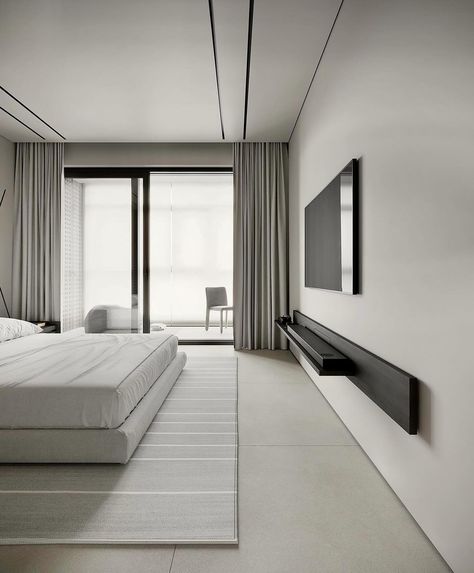 Bedroom Minimalist Modern, Bedroom Minimal, Bedroom Tv Wall, Minimal Bedroom, Modern Minimalist Bedroom, Minimalist Bedroom Design, Interior Minimalista, Living Room Partition Design, Tv In Bedroom