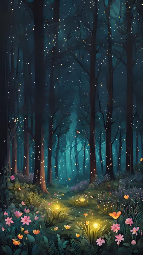 Forest Bg Illustration, Enchanted Forest Wallpaper Iphone, Firefly Forest Painting, Forest At Night Illustration, Night Forest Drawing, Fantasy Forest Illustration, Forest At Night Painting, Enchanted Forest Aesthetic Wallpaper, Background Forest Illustration