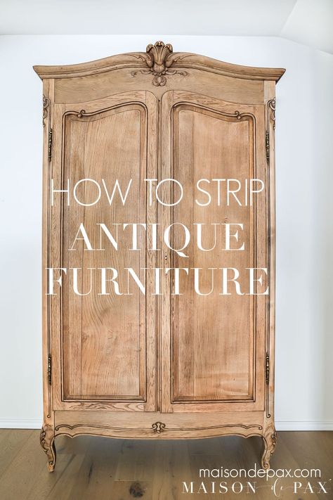 Find out how to get the stripped, raw wood look with this french antique armoire makeover! #antiquefurniture #furnituremakeover #woodfurniture Bleached Wood Armoire, Wood Veneer Furniture Makeover, Stripped Wood Dresser, Redoing Antique Furniture, French Country Painted Furniture, Redone Armoire, Wood Refurbishing, Oak Bedroom Furniture Makeover, Diy Antique Furniture