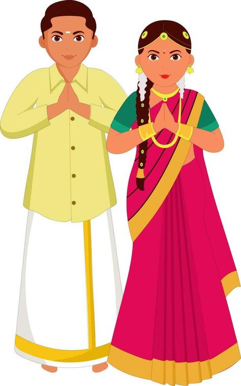 South Indian Wedding Couple Greeting Namaste In Traditional Dress Of Tamil Nadu. South Indian Drawing, Tamil Nadu Traditional Dress, Tamilnadu Traditional Dress, Tamil Traditional Dress, Tamil Culture Drawing, South Indian Couple Illustration, South Indian Traditional Dress, Namaste Illustration, Tamil Dress