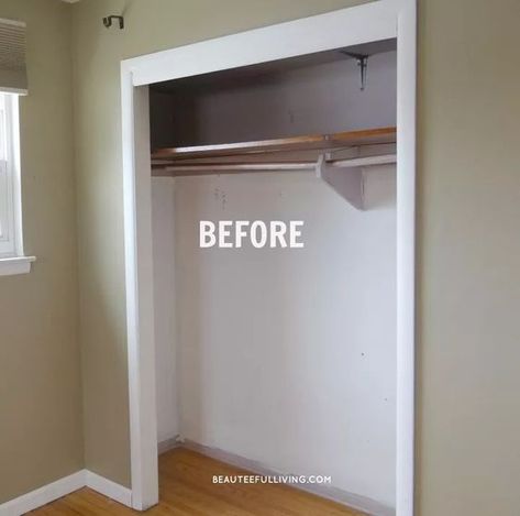 Before I had my bedroom closet updated, I thought having a "walk-in" closet was the only way my husband and I could share a closet. Turned out, we just needed a more efficient storage solution. Our old closet was a typical "reach in" closet that you would see in older homes. Here's how it looked after we emptied all contents out. It was a sad state of affairs with that old, single closet rod.     I’ve always thought the small sections of wall that cover our closet to be such a waste of s… Not Walk In Closet Ideas, Transforming Closet Space, Bedroom Closet Ideas Built In Wardrobe, Closet Wasted Space, Small Room Converted To Closet, Bedroom Closet Expansion, Adding Storage To Closet, Turning Small Room Into Closet, Standard Bedroom Closet Makeover