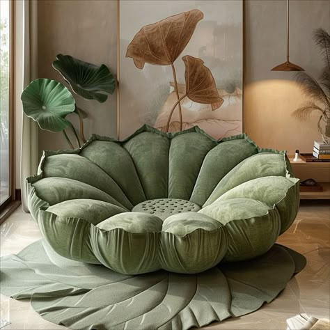 Sofa Unique Design, Garden Theme Living Room, Cute Sofas For Living Room, Zen Inspired Living Room, Lotus Room Decor, Unique Home Design Ideas, Home Zen Room, Zen Garden Bedroom, Unique House Interior