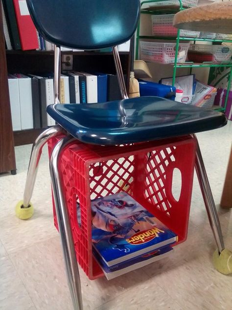 Zip ties and Milk crates make great storage for classrooms with tables and not desks. Milk Crate Storage, Trendy Classroom, Classroom Seating Arrangements, Flexible Seating Classroom, Classroom Arrangement, Classroom Seating, Classroom Hacks, Classroom Layout, Milk Crate