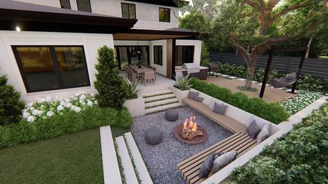 Backyard Sunken Fire Pit Ideas, Modern Sunken Fire Pit, Sunken Seating Area Garden Fire Pit, Patio Wall Seating Ideas, Sunken Fire Pits With Seating, Backyard Conversation Pit, Front Yard Fire Pit Ideas, Sunken Patio Ideas, Sunken Seating Area Garden