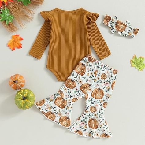 Kuriozud Newborn Baby Girl Bell Bottom Outfit Ribbed Ruffle Romper Bell Bottom Outfit, Flare Pants Set, Bell Bottoms Outfit, Pumpkin Outfit, Toddler Girl Style, Newborn Baby Girl, Newborn Outfit, Ruffle Romper