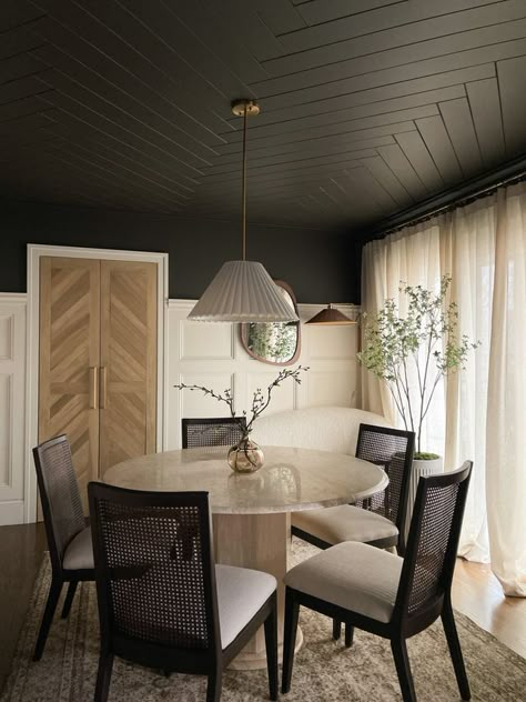 Herringbone Ceiling, Black Ceilings, Accent Ceiling, Dark Ceiling, Herringbone Wall, Shiplap Ceiling, Herringbone Wood Floor, Herringbone Wood, Dining Room Ceiling