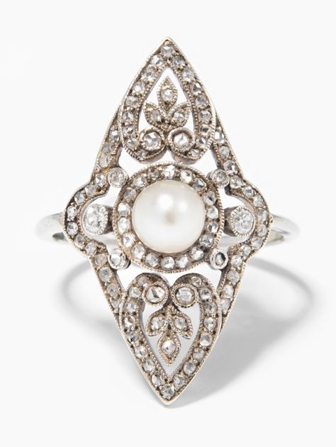 An antique diamond and pearl ring, circa 1915-1920. Diamond And Pearl Ring, Fine Pearl Jewelry, Antiques Jewelry, Pearl Jewellery, Antique Diamond, New Project, Rare Antique, Vintage Jewellery, Pearl Ring