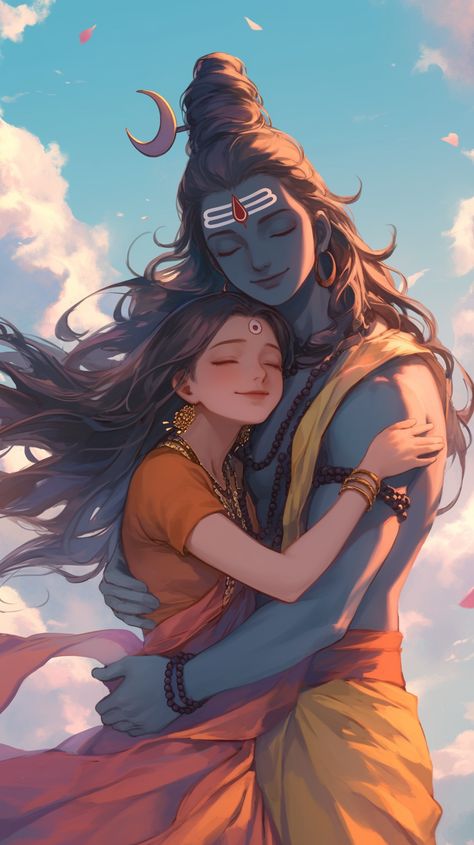 The love between Shiva and Parvati is a beautiful tale of innocence and devotion, where two souls find solace in each other’s presence. Parvati's unwavering faith and gentle affection awaken Shiva's softer side, revealing the tender heart beneath his fierce exterior. Shiv Parvati Cute Images, Shiv Parvati Love Wallpaper, Mahadev Love Parvati, Shiv Parvati Illustration, Shiv Shakti Art, Shiv Parvati Art, Shiv Parvati Images, Bhairava God, Shiv Sati