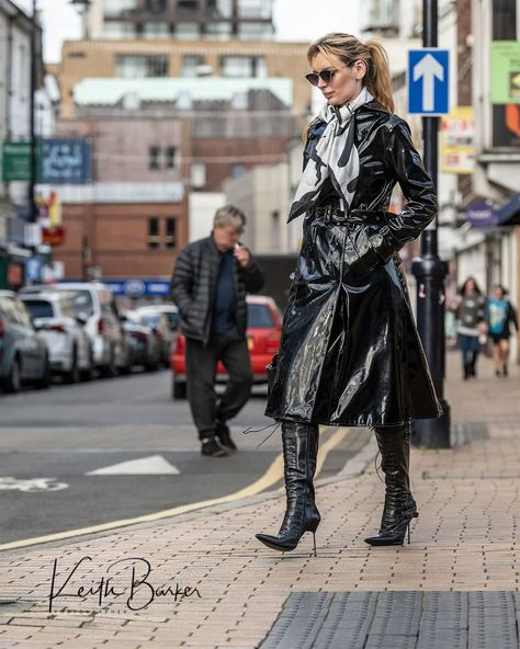 Keith Barker | Street PVC Model @luci_modelling Mack @weather_vain_london_1 | Instagram Holographic Raincoat, Keith Barker, Raincoat Fashion, Rain Fashion, Black Raincoat, Vinyl Fashion, Rainwear Fashion, Vinyl Clothing, Pvc Raincoat