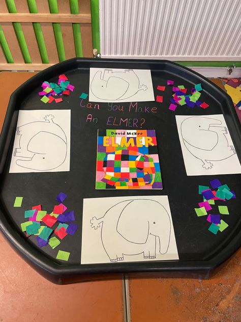 Elmer The Elephant Tuff Tray Ideas, Tuff Tray Shape Activities, Tuff Tray Book Ideas, Elmer The Elephant Tuff Tray, Tuff Trays Preschool, Indoor Tuff Tray Ideas, Nursery Teaching Ideas, Sensory Tuff Trays, Toddler Eyfs Activities