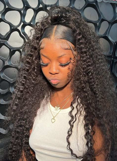 Curly Wigs Styles Black Women, Wet And Wavy Wig Install, Water Wave Wig Hairstyles Half Up Half Down, Claw Clip Curly Wig, Water Wave Wig Half Up Half Down, Curly Wig With Swoop, 13x4 Deep Wave Lace Front Wig Styles, Frontal Hairstyles Ideas Curly, Deepwave Frontal Hairstyles Side Part