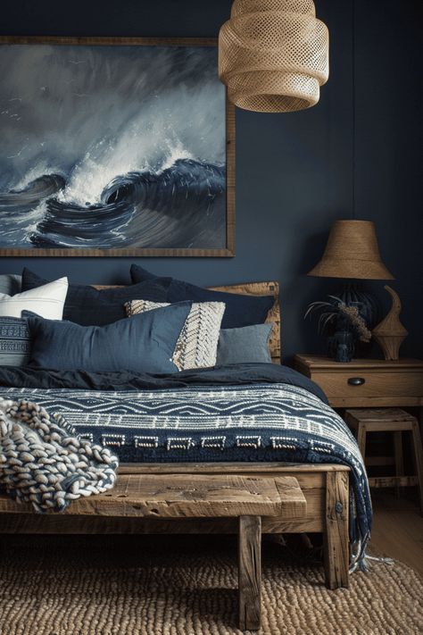 modern rustic blue bedroom Blue Bedroom With Wood Furniture, Wood And Navy Bedroom, Boat Room Decor, Blue Grey Bedding Ideas, Dark Blue Wall Curtain Ideas, Dark Blue Masculine Bedroom, Modern Blue Interior Design, Smoky Blue Bedroom Walls, Master Bedrooms Decor Beach