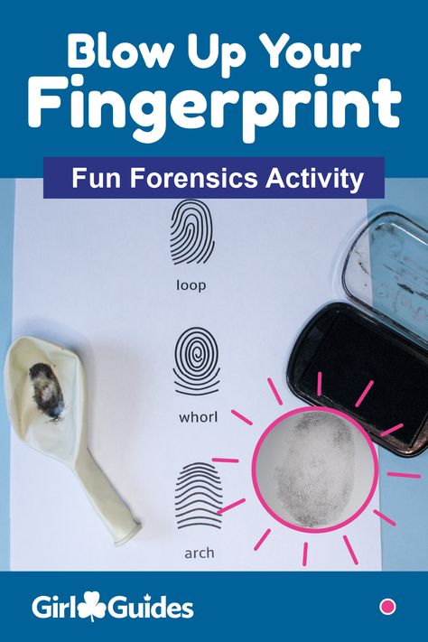 Get to know fingerprints! Kids will stamp their fingerprint on a balloon and then blow it up to get a closer look and compare their fingerprint to a friend’s. Fingerprint Science Experiment, Promise And Law Activities, Fingerprint Activities For Kids, Spy Crafts For Kids, Girl Guides Activities, Sparks Activities, Fingerprint Activities, Fingerprint Activity, Fingerprint Balloons