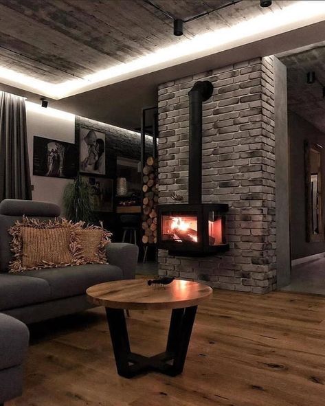 Industrial & Rustic Interior, Industrial Loft Design, Home Entrance Decor, Apartment Balcony Decorating, Home Fireplace, Loft Design, Decor Home Living Room, Fireplace Design, Villa Design