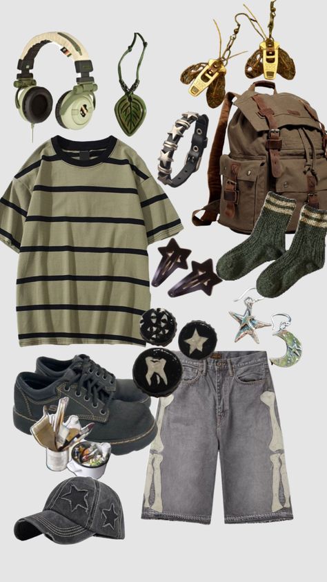 #green #grunge #fairycore #mascfairycore #nature #outfitinspo #outfit #vibes #fit #greenaesthethic #aesthetic Green Grunge, Grunge Fits, Aesthetic Shuffles, Silly Clothes, Look Grunge, Masc Outfits, Grunge Fairycore, Funky Outfits, Foto Poses