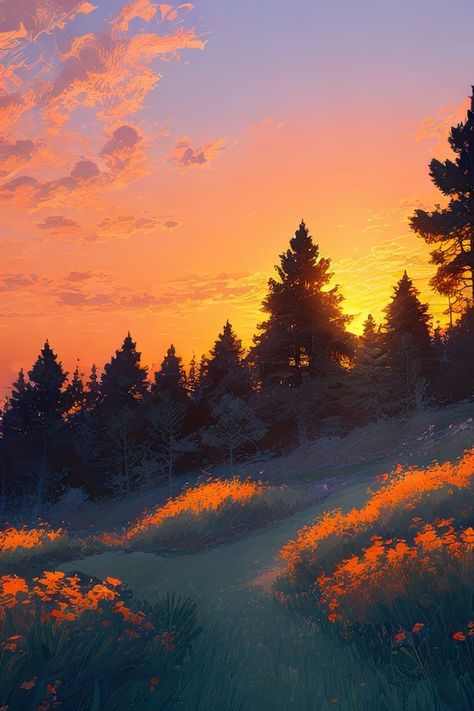 Landscape Drawing Tutorial, Paintings Wall Decor, Drawing Sunset, Nature Paint, Canvas Art Painting Acrylic, Sunset Painting Acrylic, Forest Drawing, Grass Painting, Home Nature