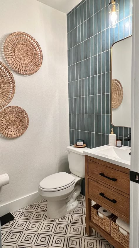 Half Bath Tile Wall, Powder Bathroom Ideas Half Baths, Modern Half Bath, Builder Grade Bathroom, Powder Room Tile, Tiny Half Bath, Small Half Bathroom, Small Half Bath, Tiny Powder Rooms