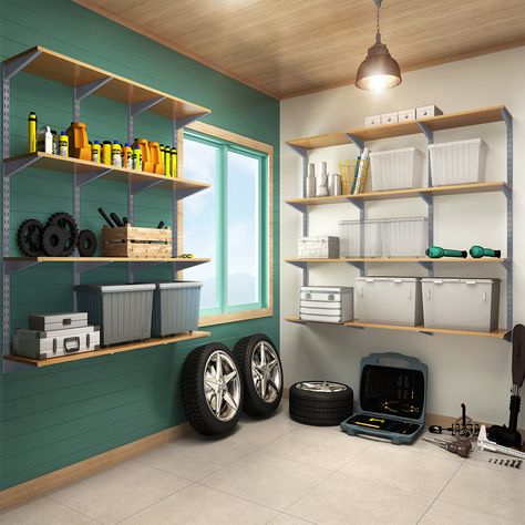 Wooden Garage Shelves, Track Shelving, Guest Room Storage, Garage Wall Shelving, Floating Storage Shelves, Garage Wall Storage, Garage Storage Inspiration, Corner Storage Shelves, Shelving Brackets