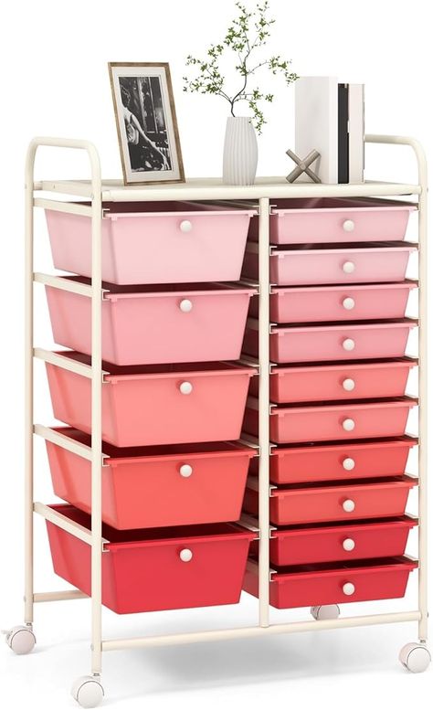 Amazon.com: RELAX4LIFE 15-Drawer Storage Drawer Carts - Mobile Rolling Utility Cart w/Wheels, Craft Organizer for Classroom Organization and Storage, School, Office, Home, Storage Organizer Cart (Gradient Pink) : Office Products Scrapbook Paper Organization, Drawer Cart, Organization Cart, Organization Systems, Rolling Utility Cart, Craft Cart, Rolling Storage Cart, Target Kids, Workshop Studio