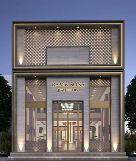 Retail Building Facade, Commercial Facade Design Architecture, Acp Exterior Design For Shop, Commercial Design Exterior Buildings, Retail Facade Shop Fronts, Showroom Facade Design, Shop Exterior Design Modern, Commercial Design Exterior Facades, Modern Commercial Building Exterior