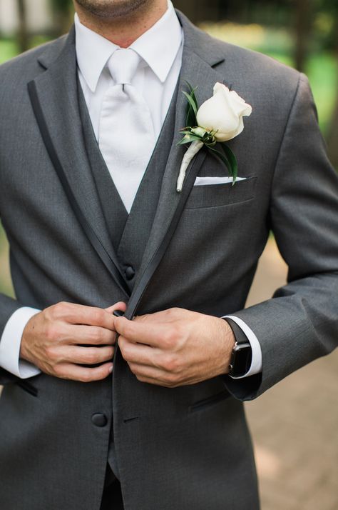 wedding groom suit tuxedo grey mens warehouse vera wang apple watch Wedding Suits Men Grey, Groomsmen Fashion, Grey Suit Wedding, Wedding Tux, Mens Wedding Attire, Rose Boutonniere, Groom And Groomsmen Attire, Groom Tuxedo, Wedding Suits Groom