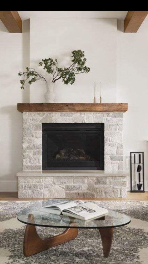 Fireplace Mantle On Stone Wall, Bump Out Fireplace, Fireplace Whitewash, Bungalow Fireplace, Cheap Couches, Black Tile Fireplace, White Stone Fireplaces, Fireplace Styles, Fireplace Area