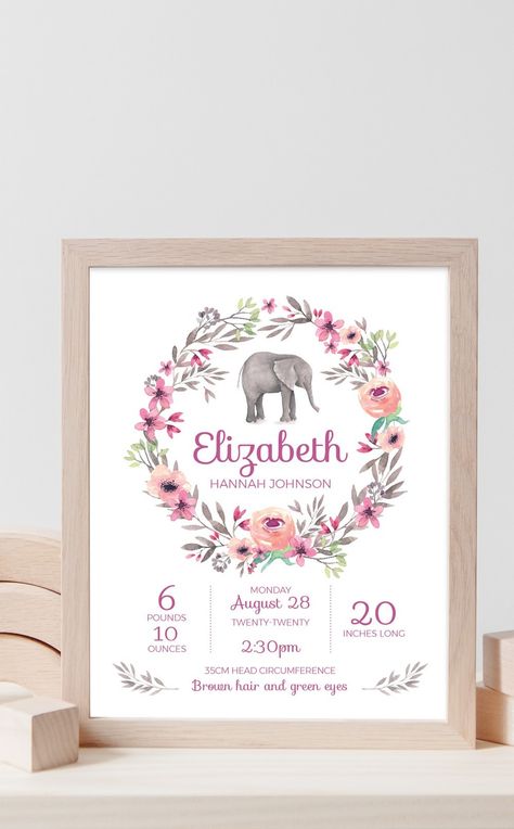 Your Baby's First Metrics: Newborn Stats Posters Birth Information Sign Template, Personalized Baby Frame, Baby Handprint Crafts, Elephant Themed Nursery, First Birthday Posters, Dreamcatcher Design, Baby Birth Stats, Baby Handprint, Elephant Theme