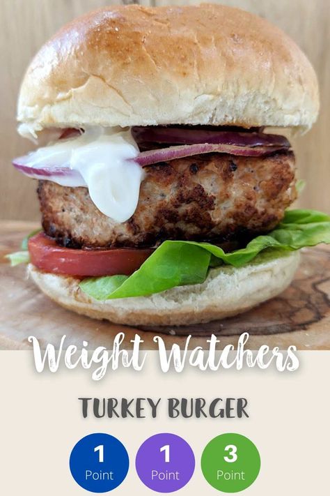 A burger in a bun with mayo and lettuce. With text overlay stating Weight Watchers Turkey Burger. Ww Turkey Burger Recipes, Weight Watcher Burgers, Weight Watchers Turkey Burger, Ww Turkey Burgers, Ww Ground Turkey Recipes For Dinner, Ground Turkey Recipes Weight Watchers, Ww Ground Turkey Recipes, Ww Blue Plan Recipes, Weight Watchers Ground Turkey Recipes