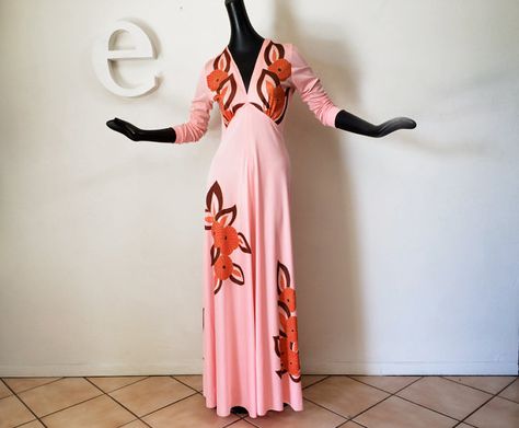 Vintage 70s After 5 Dresses, Victor Costa Dress, 1970s Disco, Hawaiian Maxi Dress, 70s Maxi Dress, Disco Dress, Vintage Inspired Fashion, Peachy Pink, 70s Fashion