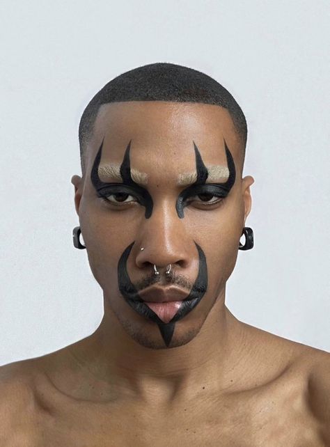 Men Face Halloween Makeup, Heavy Metal Makeup Men, White Base Makeup Goth, Emo Men Makeup, Men’s Halloween Makeup Look, Male Demon Costume, Male Demon Makeup, Black Male Makeup, Masc Tradgoth Makeup