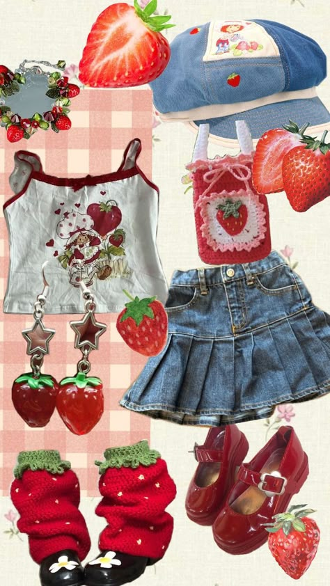 Cute Outfits Strawberry, Fruit Outfit Aesthetic, Strawberry Shortcake Shirt Outfit, Cute Colorful Clothes, Orange Coquette Outfit, Apple Core Outfits, Fruit Aesthetic Outfit, Fruitcore Outfits, Strawberry Clothes Aesthetic